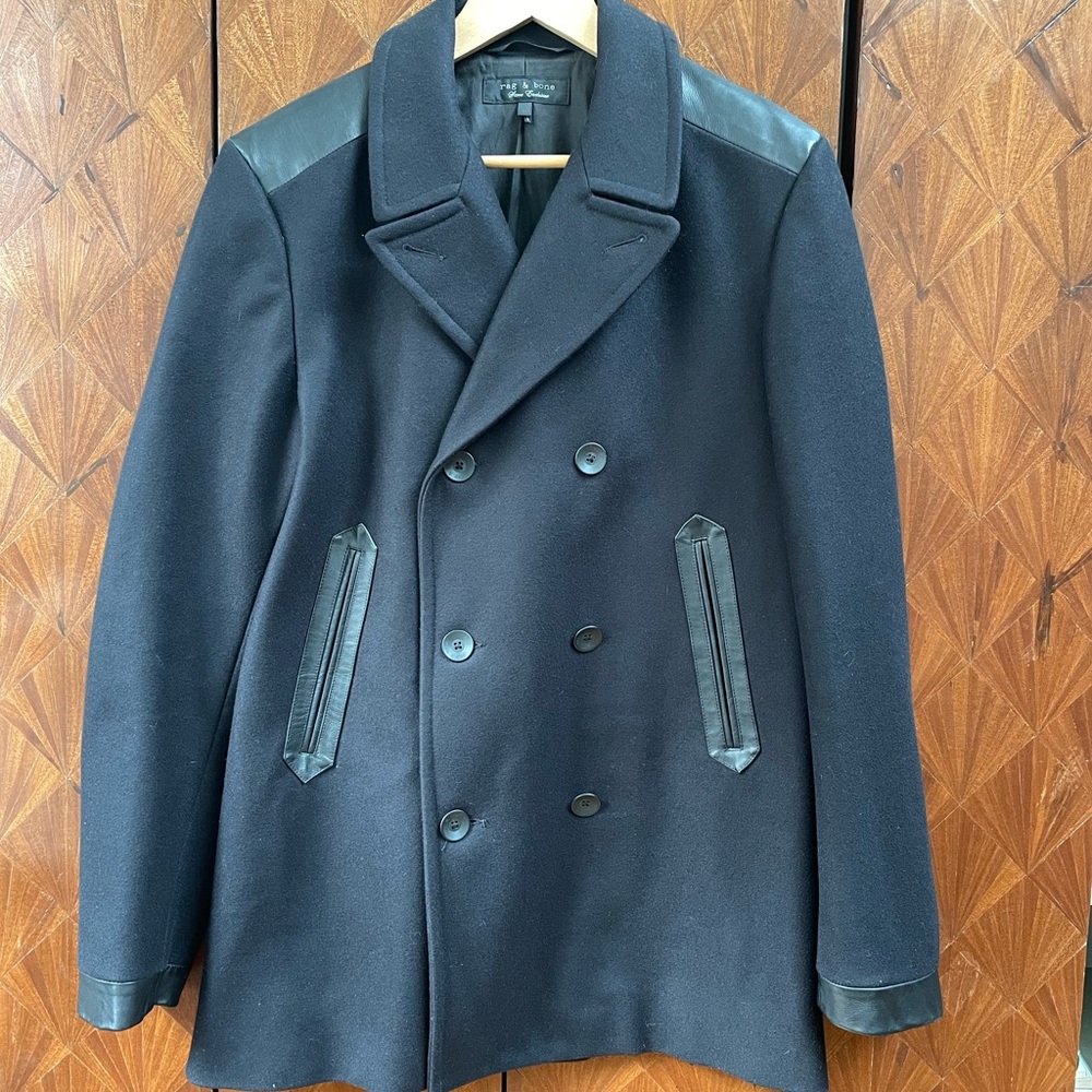 rag & bone Black Pea Coat with Leather Accents